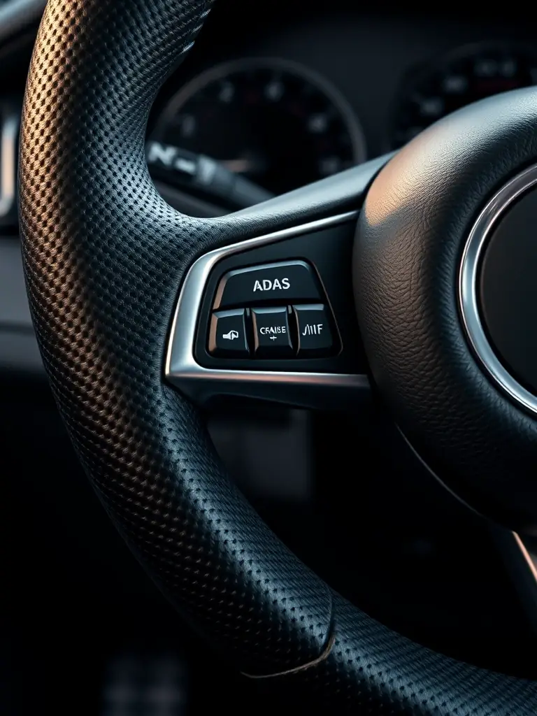 A close-up shot of a car's dashboard featuring advanced driver-assistance systems (ADAS) controls, such as lane-keeping assist and adaptive cruise control buttons.