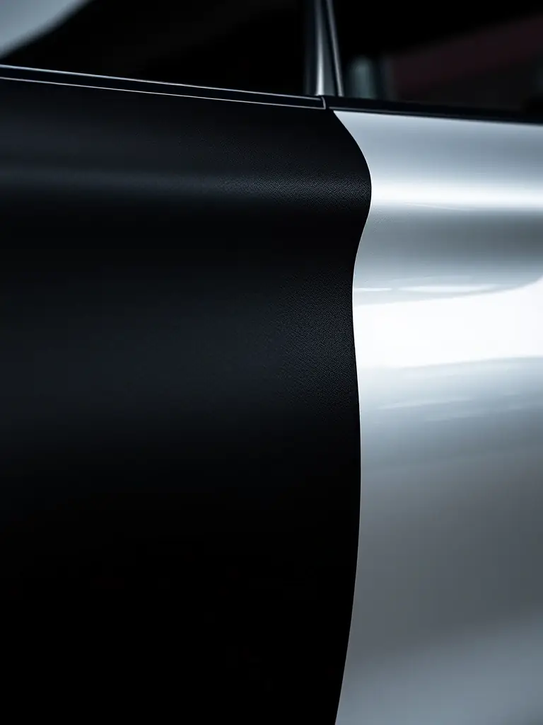 A close-up shot of a car door, half wrapped in vinyl and the other half painted, clearly showing the difference in texture and finish quality.