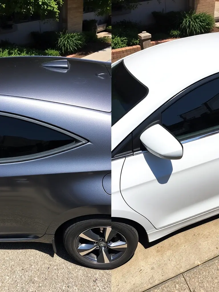 A side-by-side comparison of a vinyl-wrapped car and a painted car after several years of use, showing the vinyl wrap's resistance to fading and scratches.
