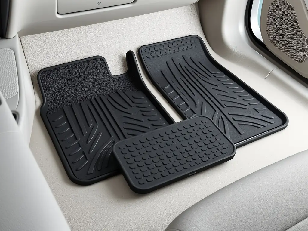 An image featuring a set of custom-fit floor mats with the Precision Auto Salon logo subtly embroidered. The mats should be shown inside a clean car interior, emphasizing their perfect fit and protective qualities.