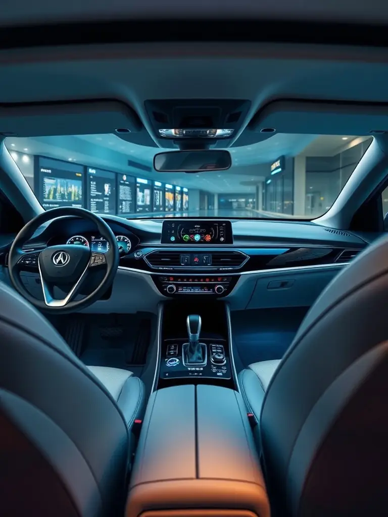 A high-resolution image showcasing a car's infotainment system with a large, user-friendly touchscreen displaying navigation and media options, set in a modern car interior.