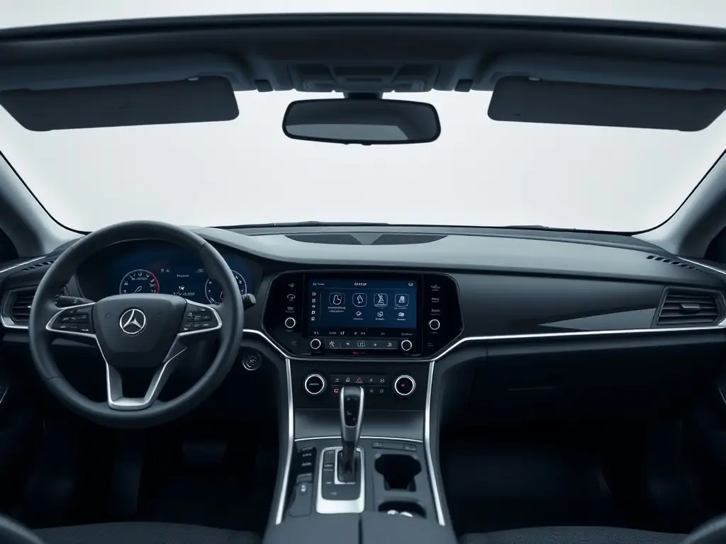 A sleek, modern dashboard featuring an integrated, high-resolution entertainment system with a touchscreen display. The image should convey a sense of advanced technology and enhanced driving experience.