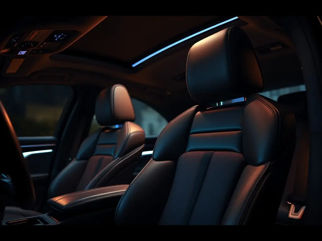 A high-quality image showcasing custom leather seat covers installed in a luxury car, highlighting the stitching and premium material. The interior should look plush and inviting, emphasizing comfort and style.