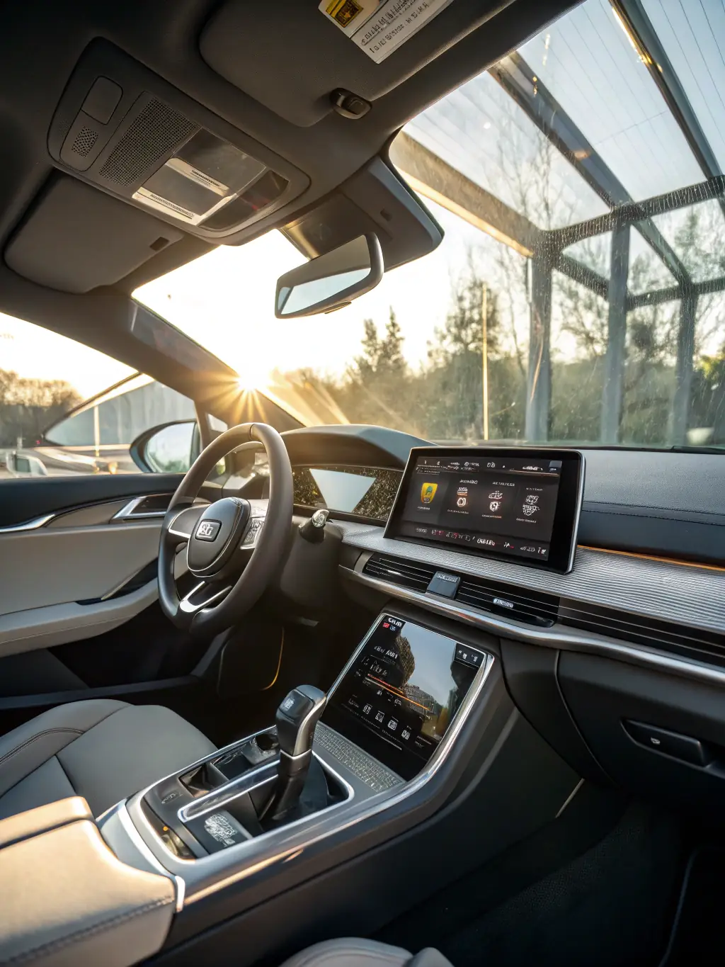 A sleek, modern car interior featuring wireless charging pad for smartphones, emphasizing the convenience and clutter-free design.