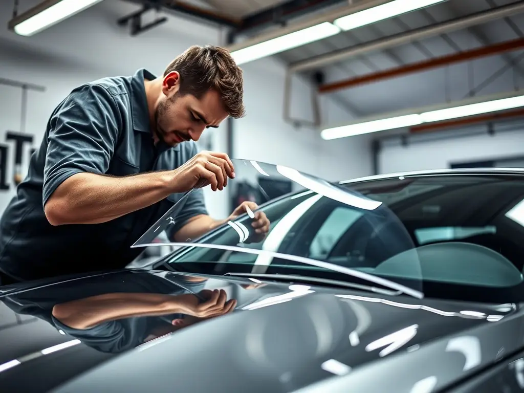 A close-up shot of a clear bra being professionally applied to the hood of a luxury car in the Precision Auto Salon workshop, showcasing the precision and care taken during installation.