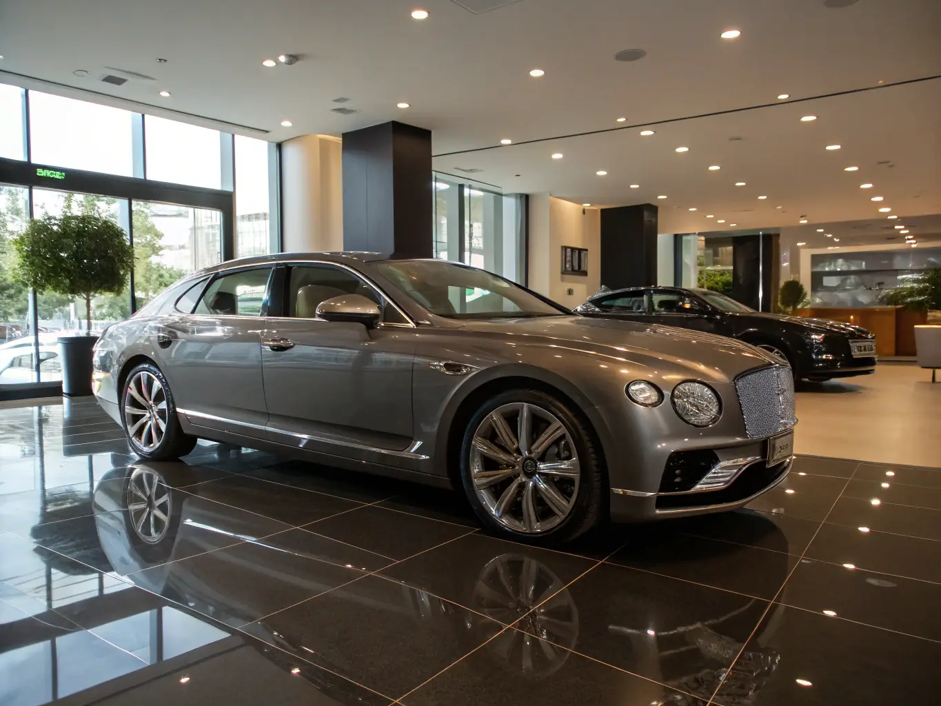 A sleek, modern car with a glossy, reflective surface after receiving a ceramic coating treatment at Precision Auto Salon. The car is parked inside the salon, showcasing the quality and shine achieved through their services.