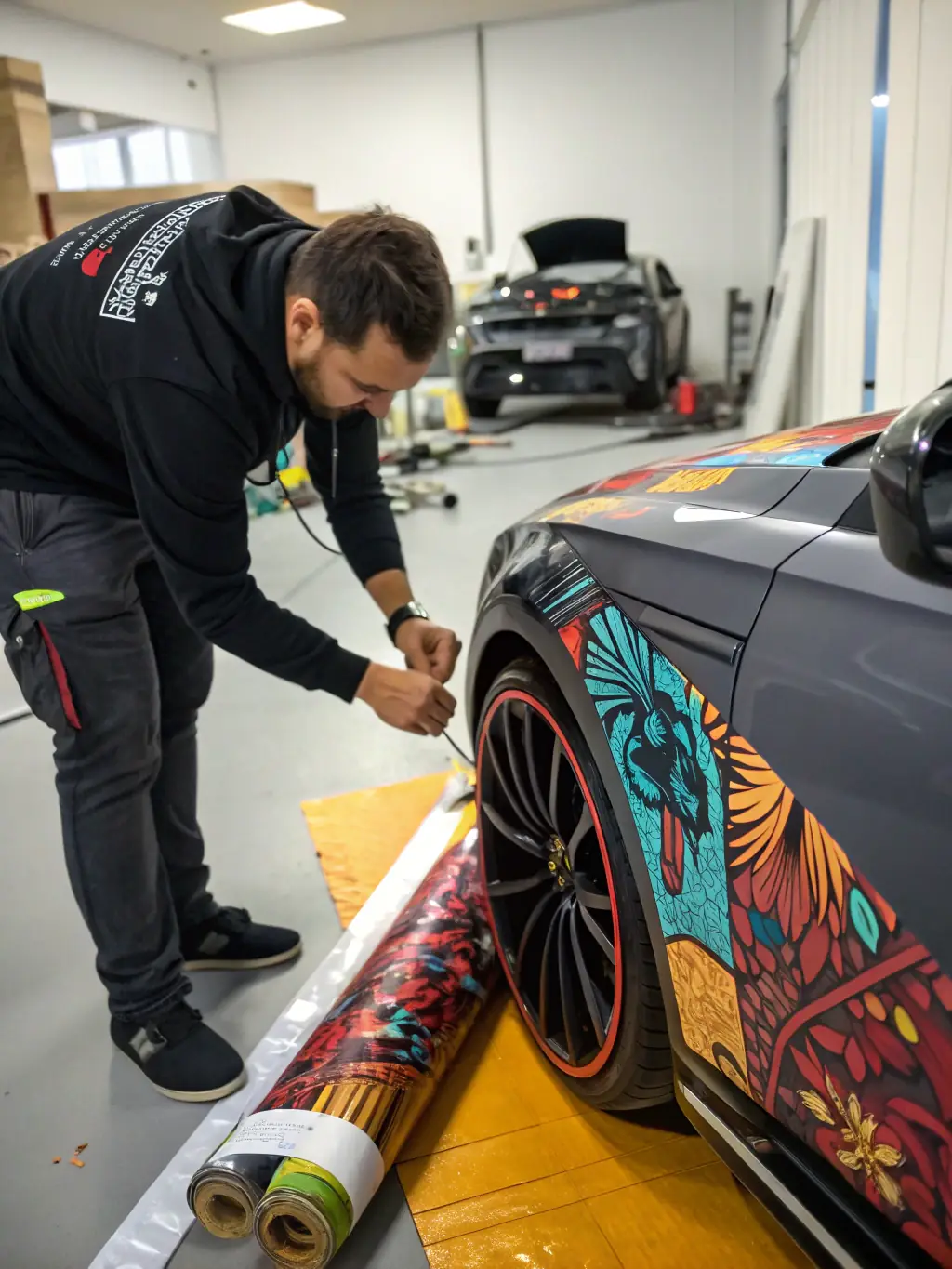 A time-lapse showing a vinyl wrap being applied to a car, highlighting the speed and precision of the installation process compared to painting.