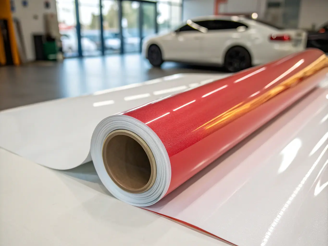 A close-up shot of a roll of LLumar window film, showcasing its clarity and protective properties, with the Precision Auto Salon logo subtly visible in the background.