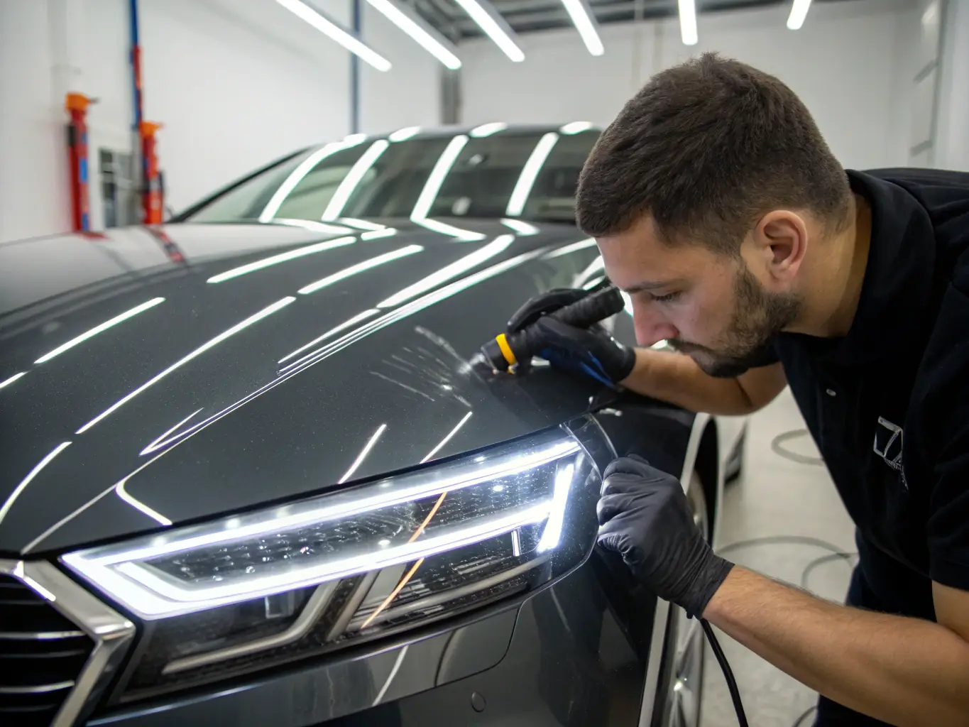 A close-up shot of a technician meticulously applying ceramic coating to a car's surface in a well-lit, professional auto salon. The focus is on the precision and care taken during the application process, highlighting the expertise of Precision Auto Salon.