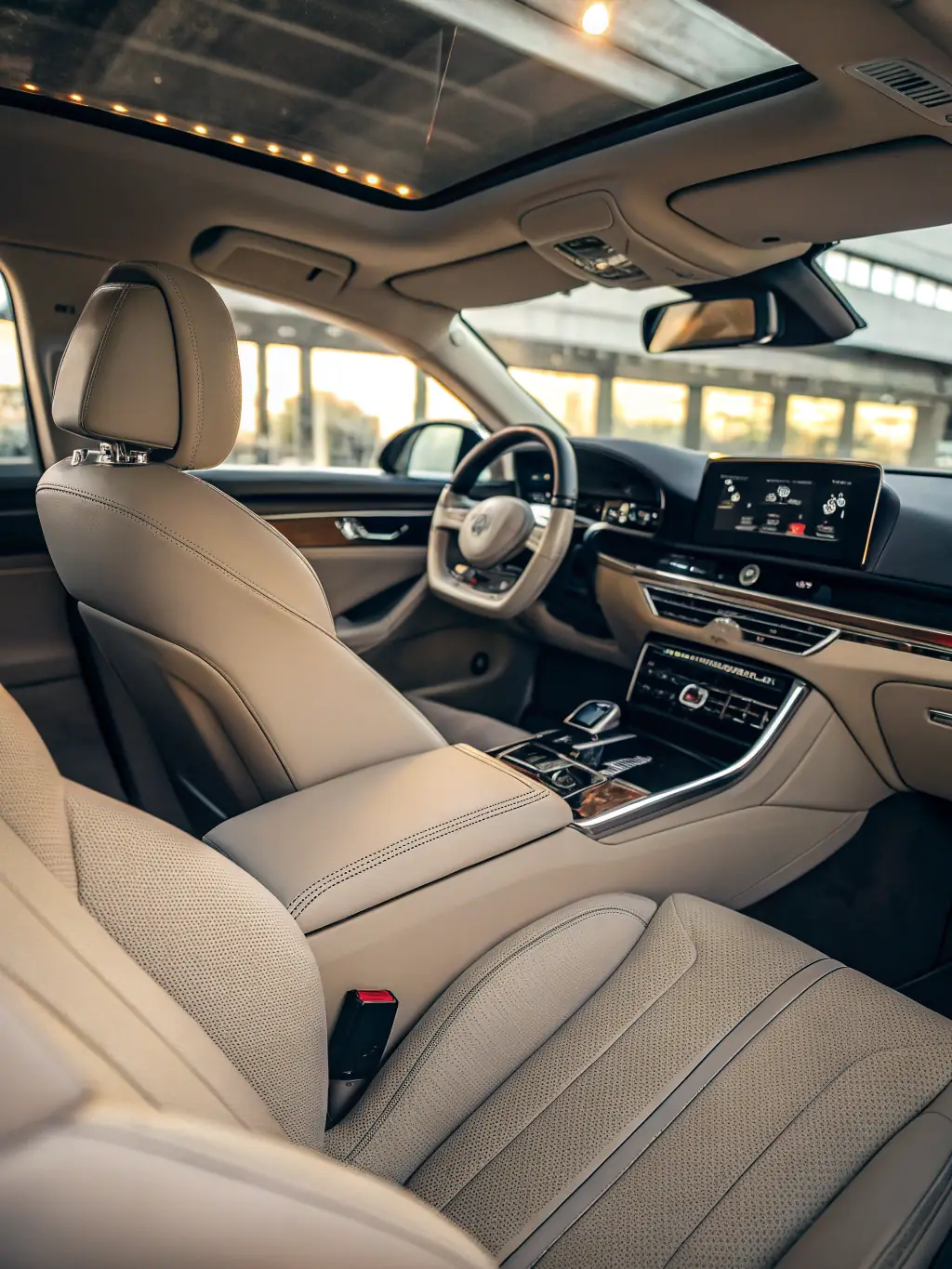 An image of a car's interior showcasing ambient lighting options, highlighting the customizable colors and the overall enhanced aesthetic appeal.