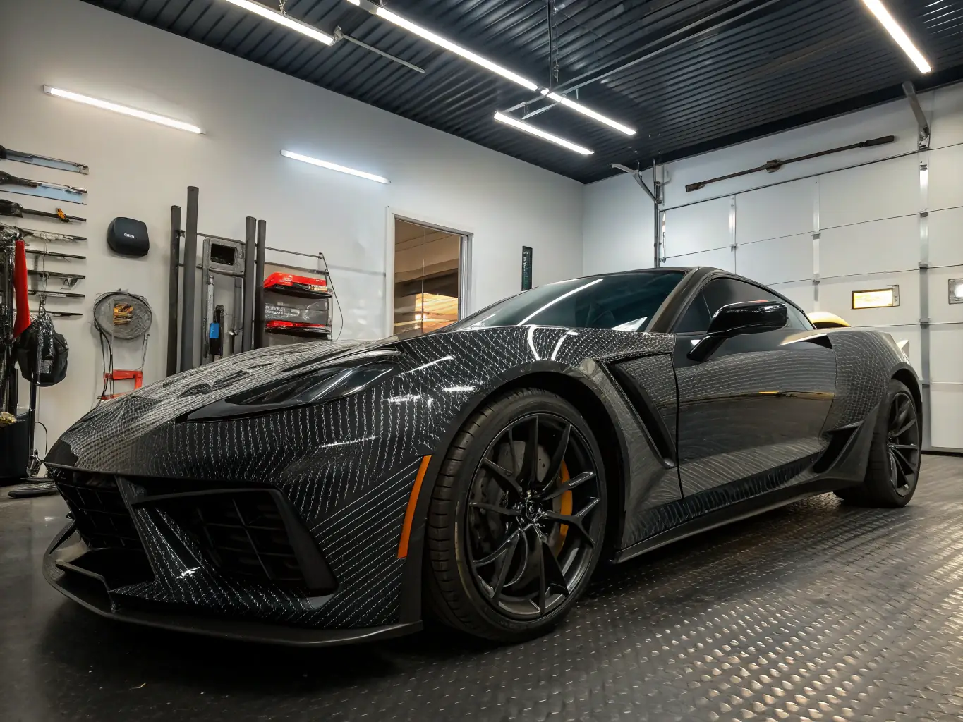 A sleek sports car with a glossy, protected front end, showcasing the seamless and invisible nature of the paint protection film after professional installation.