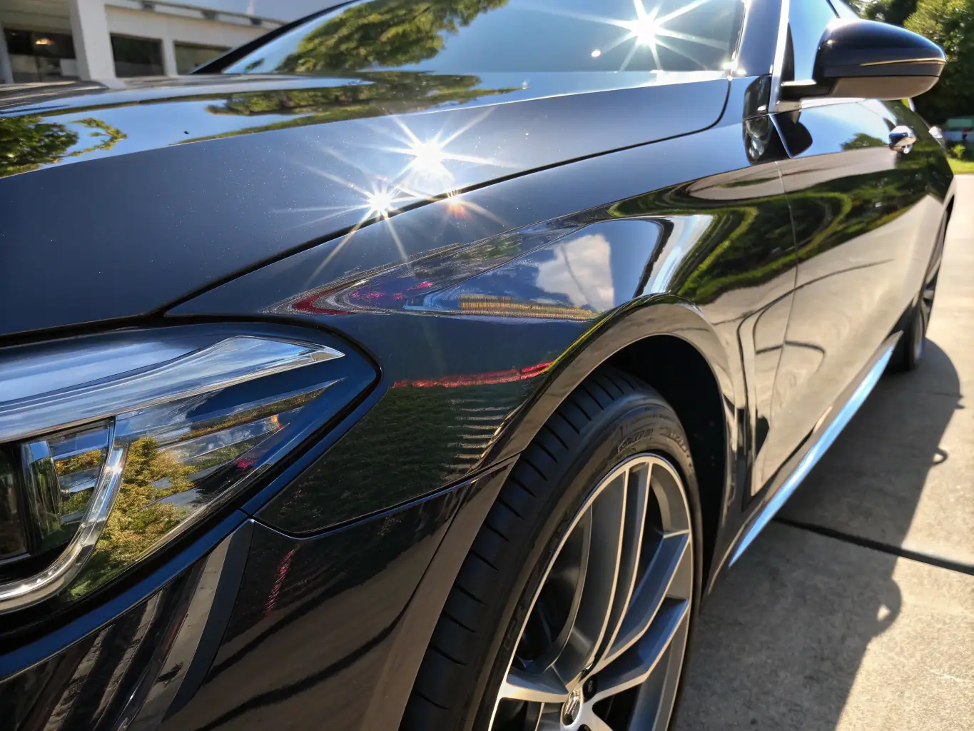 A high-definition image of a car with a clear bra wrap, highlighting its glossy finish and seamless integration with the vehicle's original paint, emphasizing the aesthetic benefits.