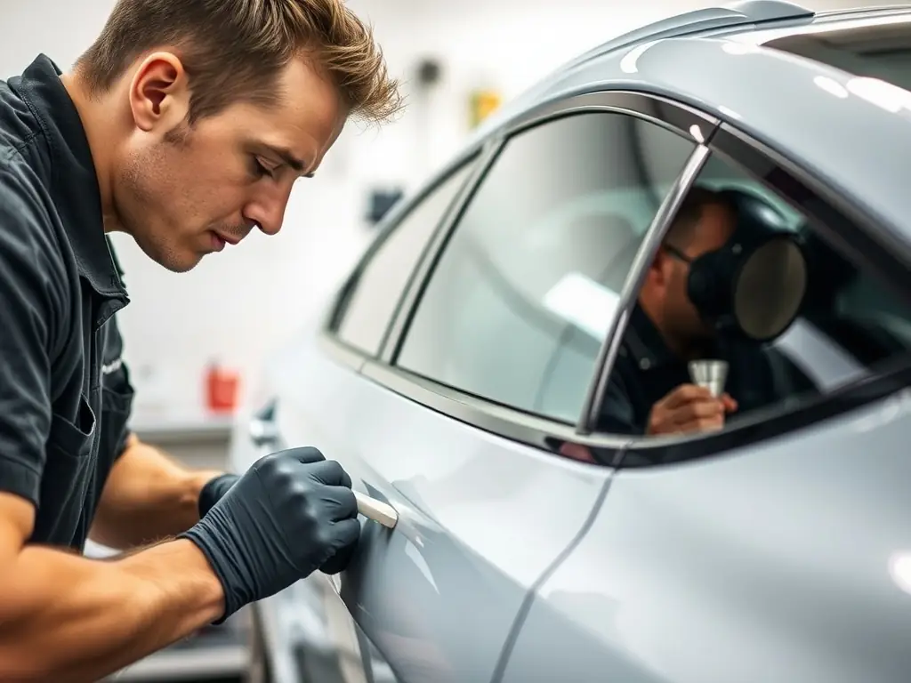 A close-up shot of a car's front end being meticulously covered with paint protection film by a skilled technician in a clean, well-lit garage, emphasizing the precision and care taken during the installation process.