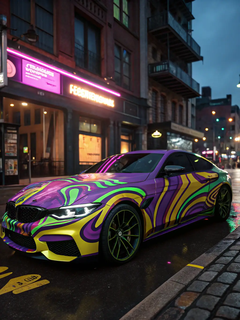 A car with a complex, custom vinyl wrap design, showcasing vibrant colors and intricate patterns that would be difficult to achieve with paint.