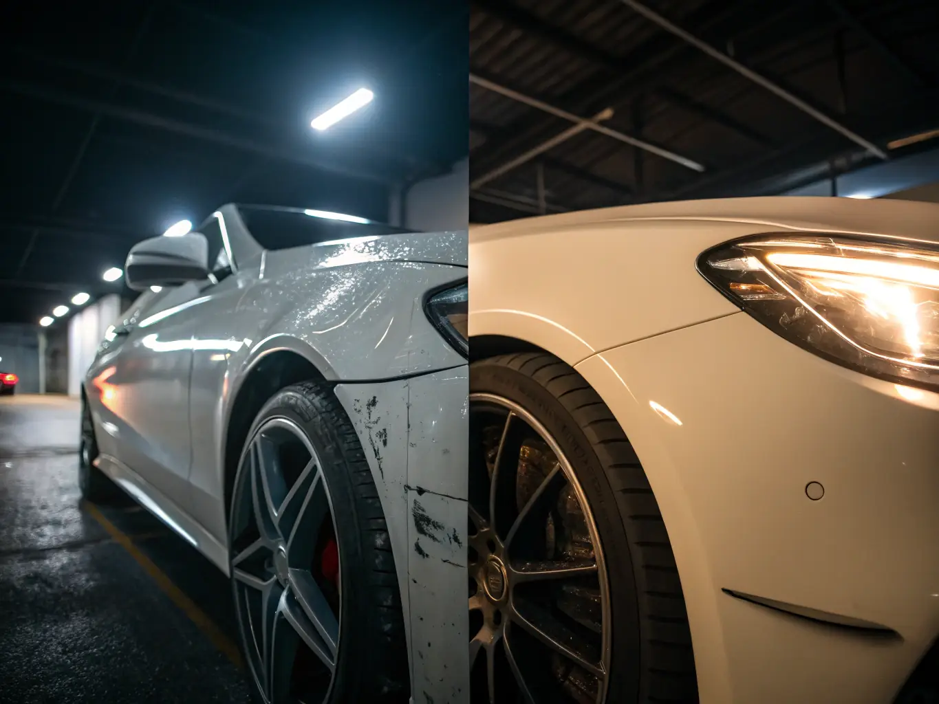 before and after comparison of a paintless dent repair showing flawless vehicle restoration