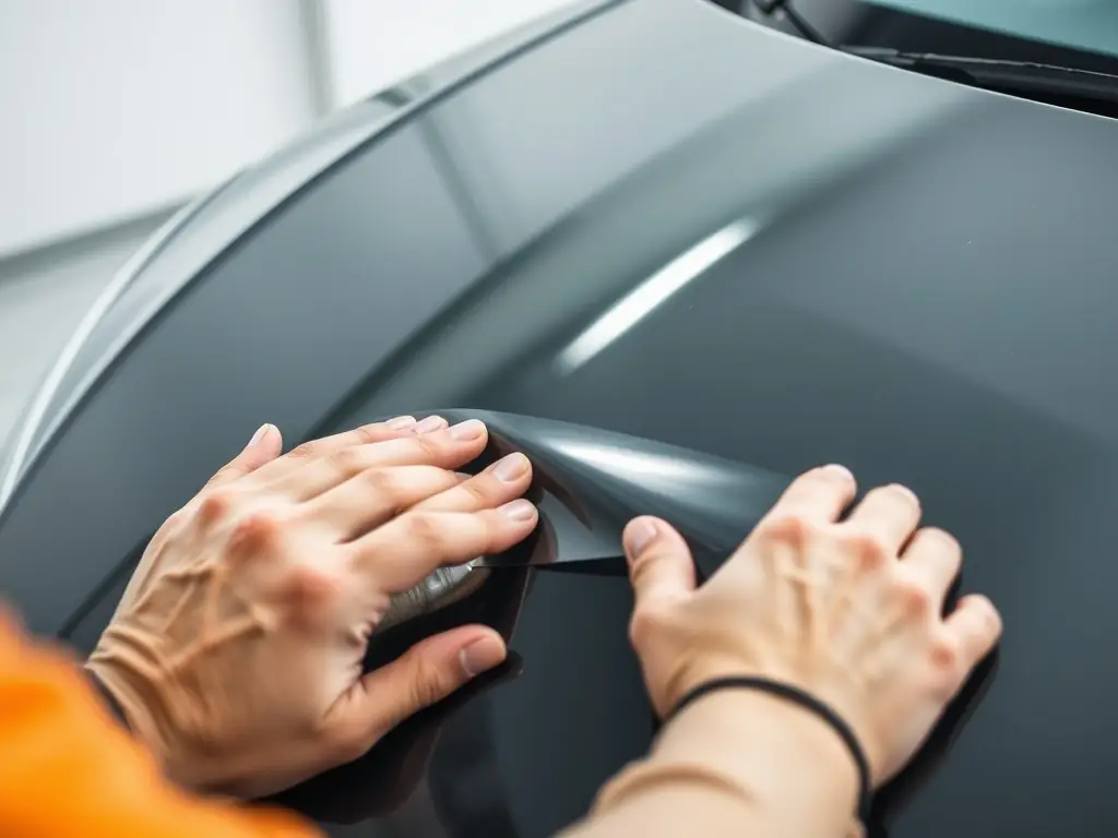 A technician carefully applying paint protection film (PPF) to a car's hood, with the 3M logo subtly visible on the film roll.