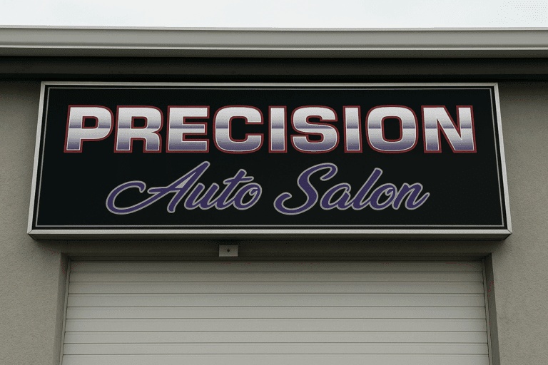 The Precision Auto Salon workshop with logo and professional repair area.