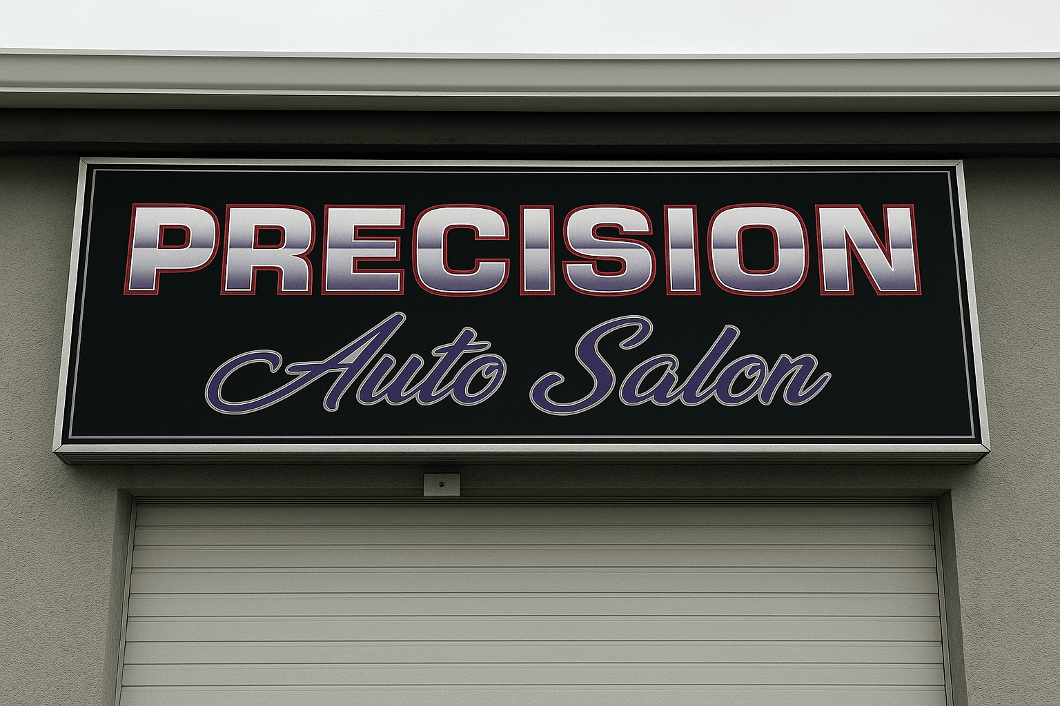 The Precision Auto Salon workshop with logo and professional repair area.